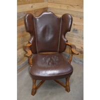 thumb-Zeldzame antieke eiken oorfauteuil met donkerbruin lederen bekleding-1