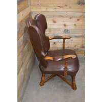 thumb-Zeldzame antieke eiken oorfauteuil met donkerbruin lederen bekleding-2