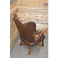 thumb-Zeldzame antieke eiken oorfauteuil met donkerbruin lederen bekleding-4