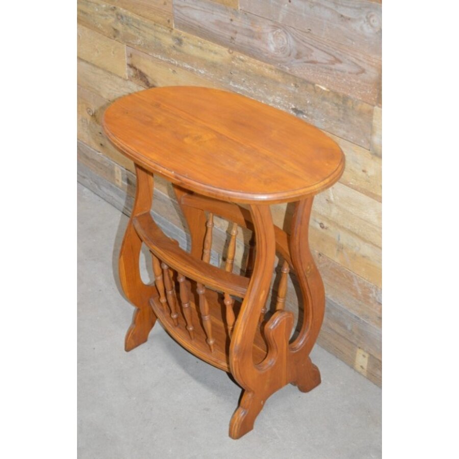 Teak houten bijzettafeltje of ovalen lectuurbak-1