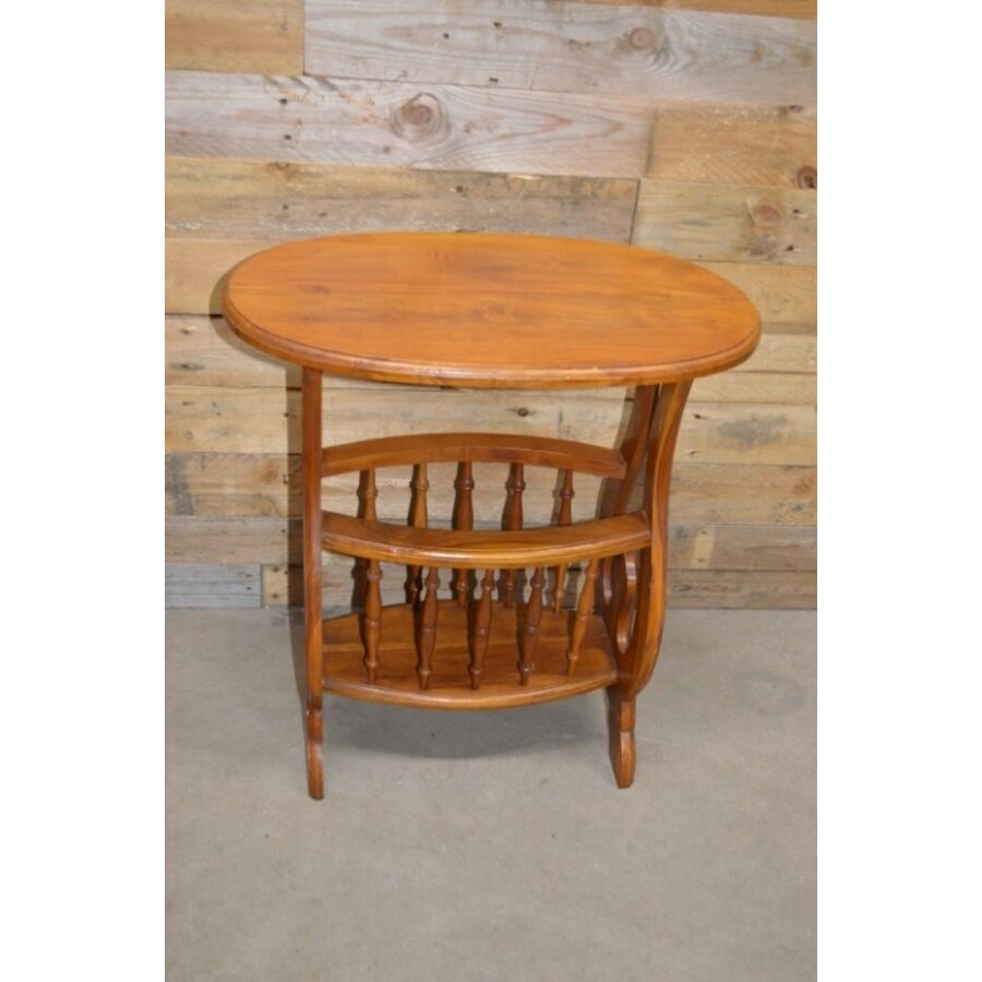 Teak houten bijzettafeltje of ovalen lectuurbak-2