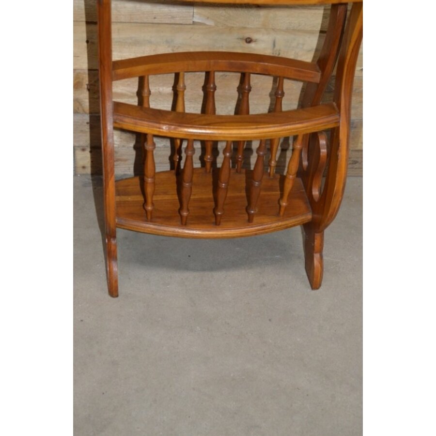 Teak houten bijzettafeltje of ovalen lectuurbak-3