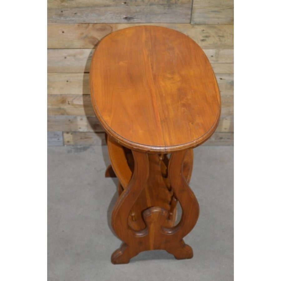 Teak houten bijzettafeltje of ovalen lectuurbak-5