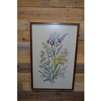 thumb-Vintage ingelijst borduurwerk met kleurrijke wilde bloemen in beuken lijst-1