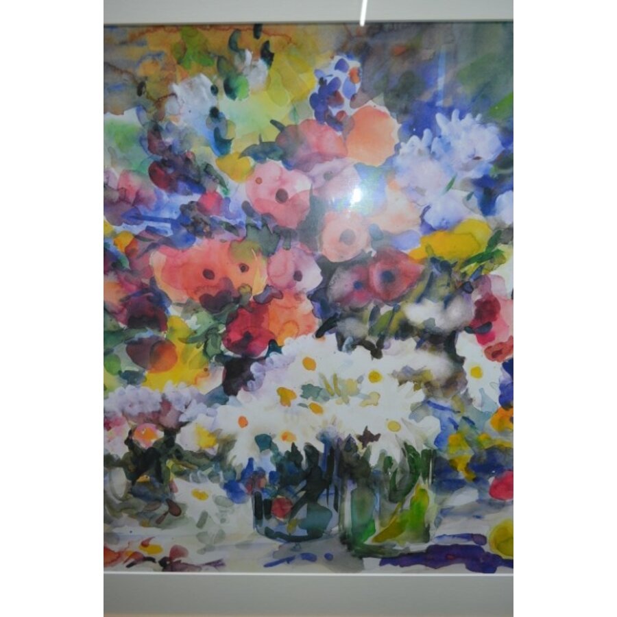 Ingelijste veelkleurige aquarel van wilde bloemen in vaas – J. Booy 1981-2