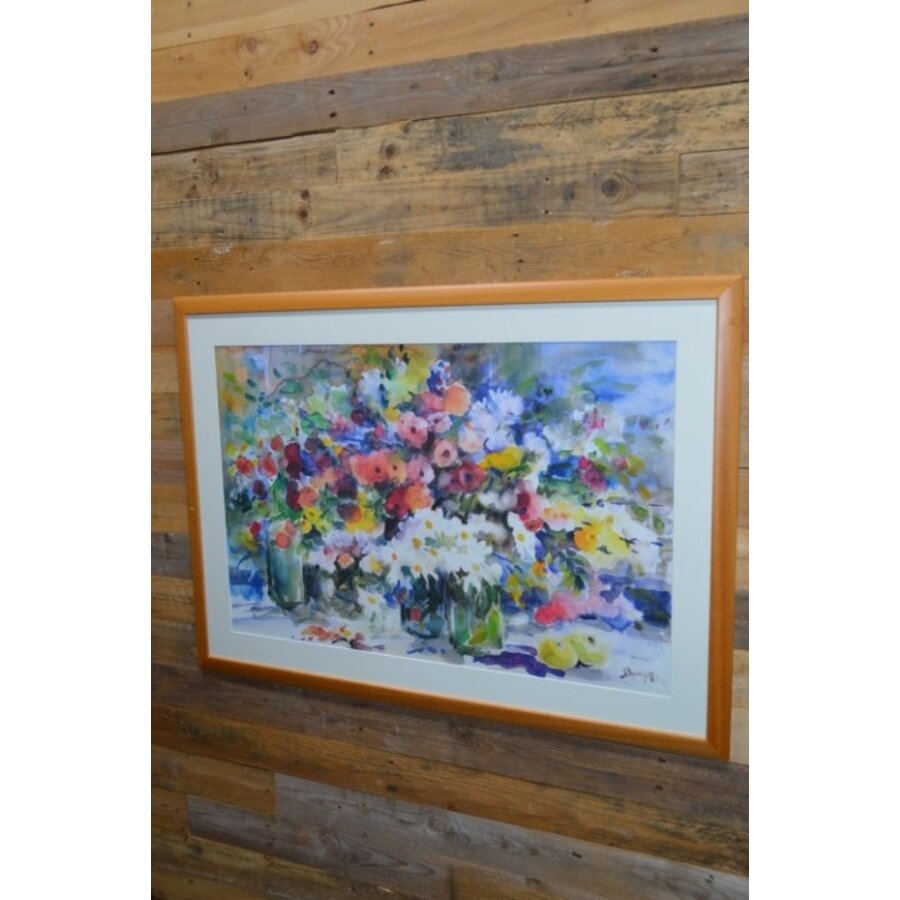 Ingelijste veelkleurige aquarel van wilde bloemen in vaas – J. Booy 1981-5