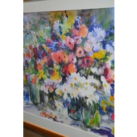 thumb-Ingelijste veelkleurige aquarel van wilde bloemen in vaas – J. Booy 1981-6