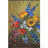 thumb-Vintage ingelijst borduurwerk met ridderspoor, zonnebloem en klaprozen-4