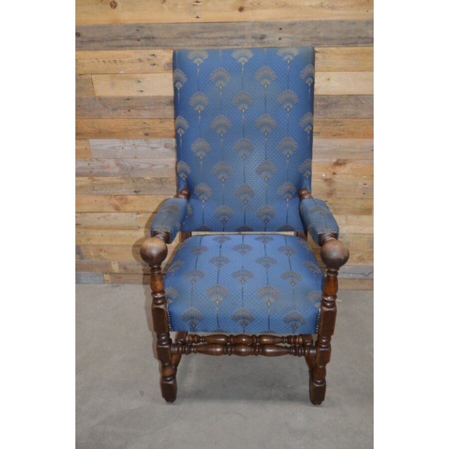 Robuuste kasteel armstoel eiken met blauwe stof-2