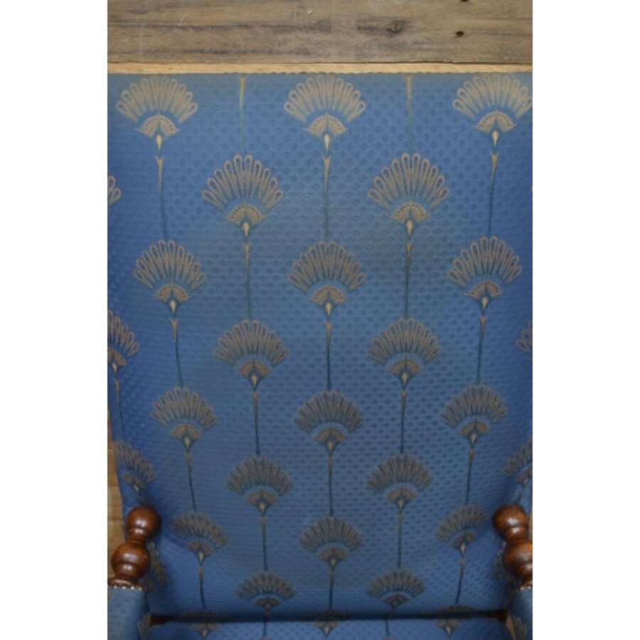 Robuuste kasteel armstoel eiken met blauwe stof-4