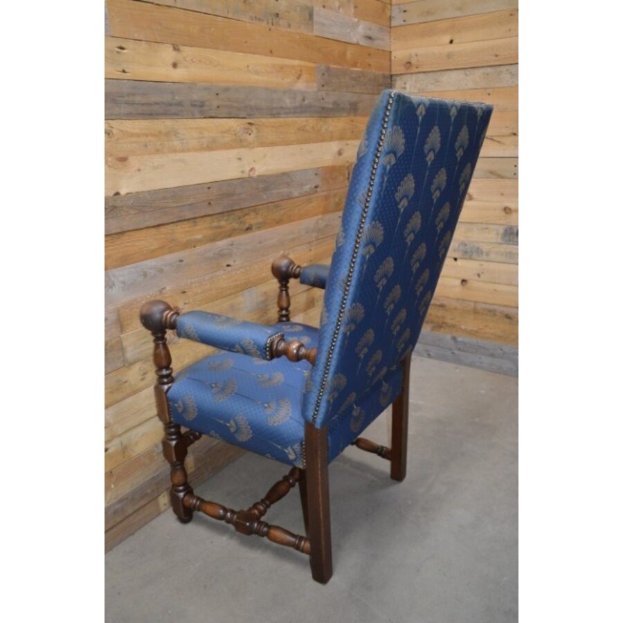 Robuuste kasteel armstoel eiken met blauwe stof-8