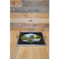 thumb-Antiek dienblad met geschilderd glas en zilverkleurig metalen frame-1
