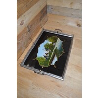 thumb-Antiek dienblad met geschilderd glas en zilverkleurig metalen frame-2