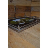 thumb-Antiek dienblad met geschilderd glas en zilverkleurig metalen frame-3