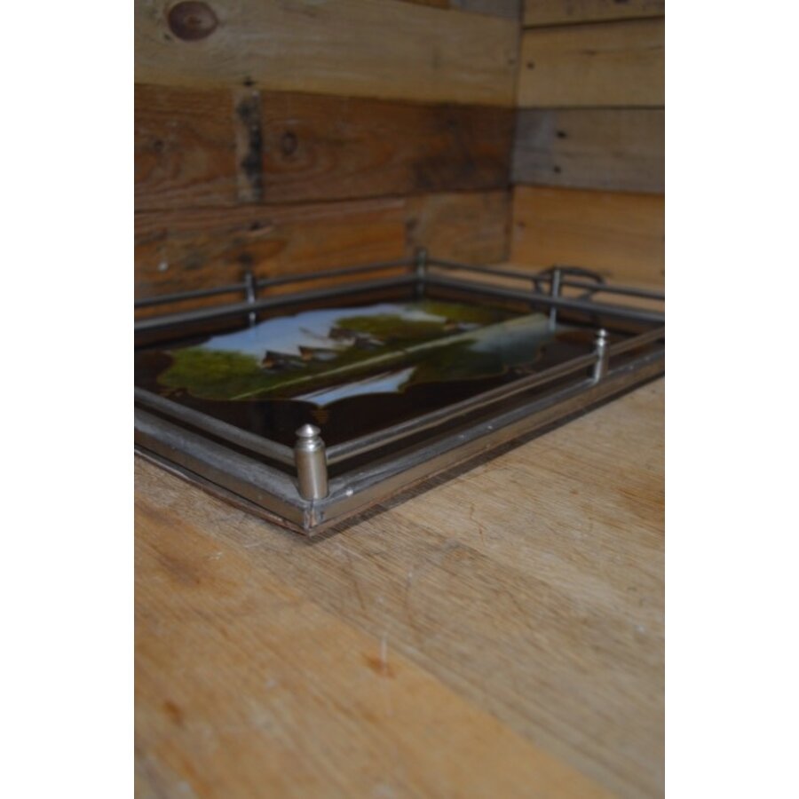 Antiek dienblad met geschilderd glas en zilverkleurig metalen frame-3