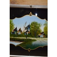 thumb-Antiek dienblad met geschilderd glas en zilverkleurig metalen frame-4