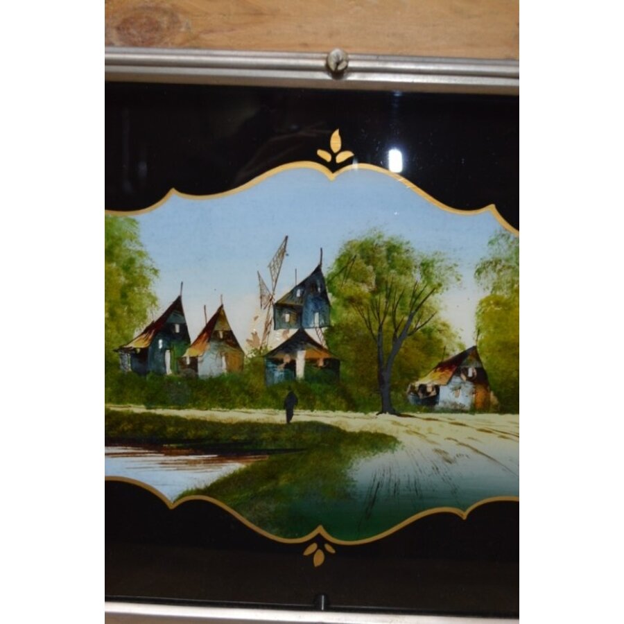 Antiek dienblad met geschilderd glas en zilverkleurig metalen frame-4