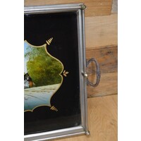 thumb-Antiek dienblad met geschilderd glas en zilverkleurig metalen frame-5