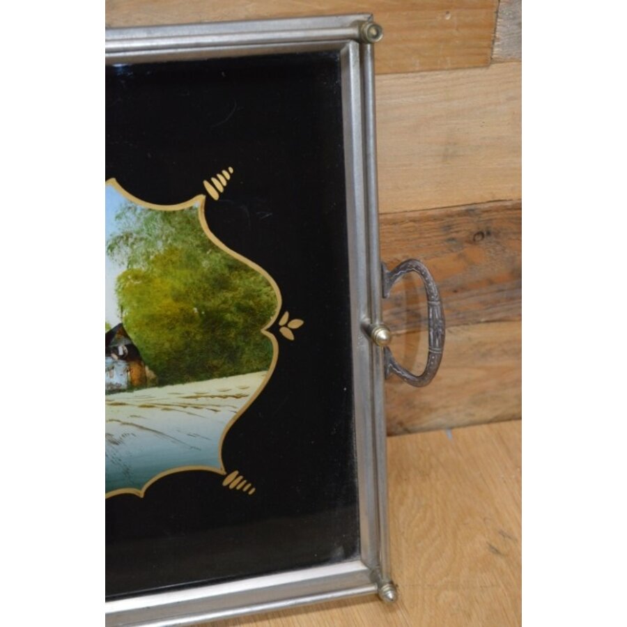 Antiek dienblad met geschilderd glas en zilverkleurig metalen frame-5