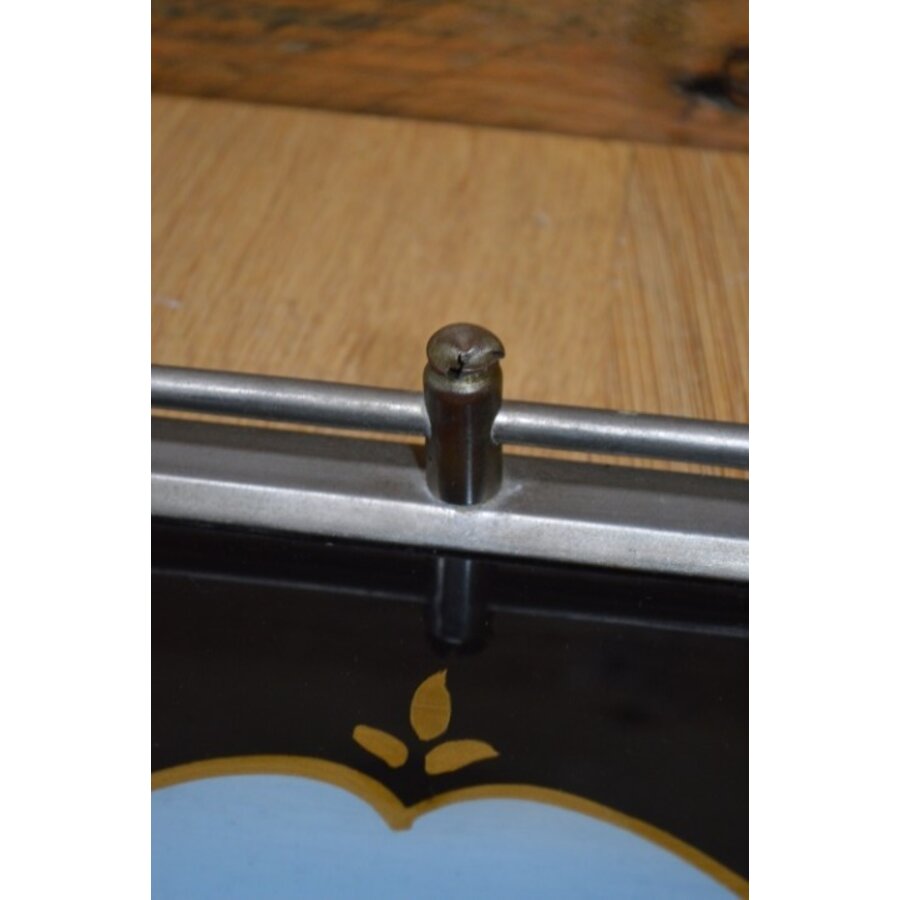 Antiek dienblad met geschilderd glas en zilverkleurig metalen frame-6