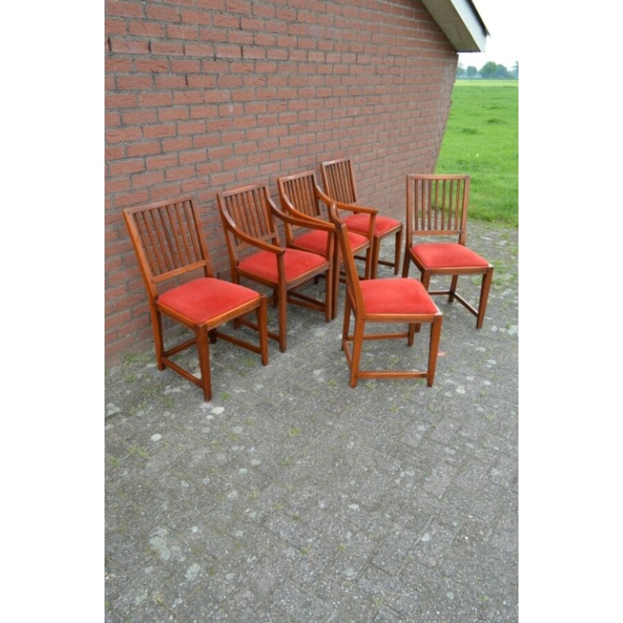 Zes eiken Schuitema Jugendstil eetkamerstoelen met rode zitting-3