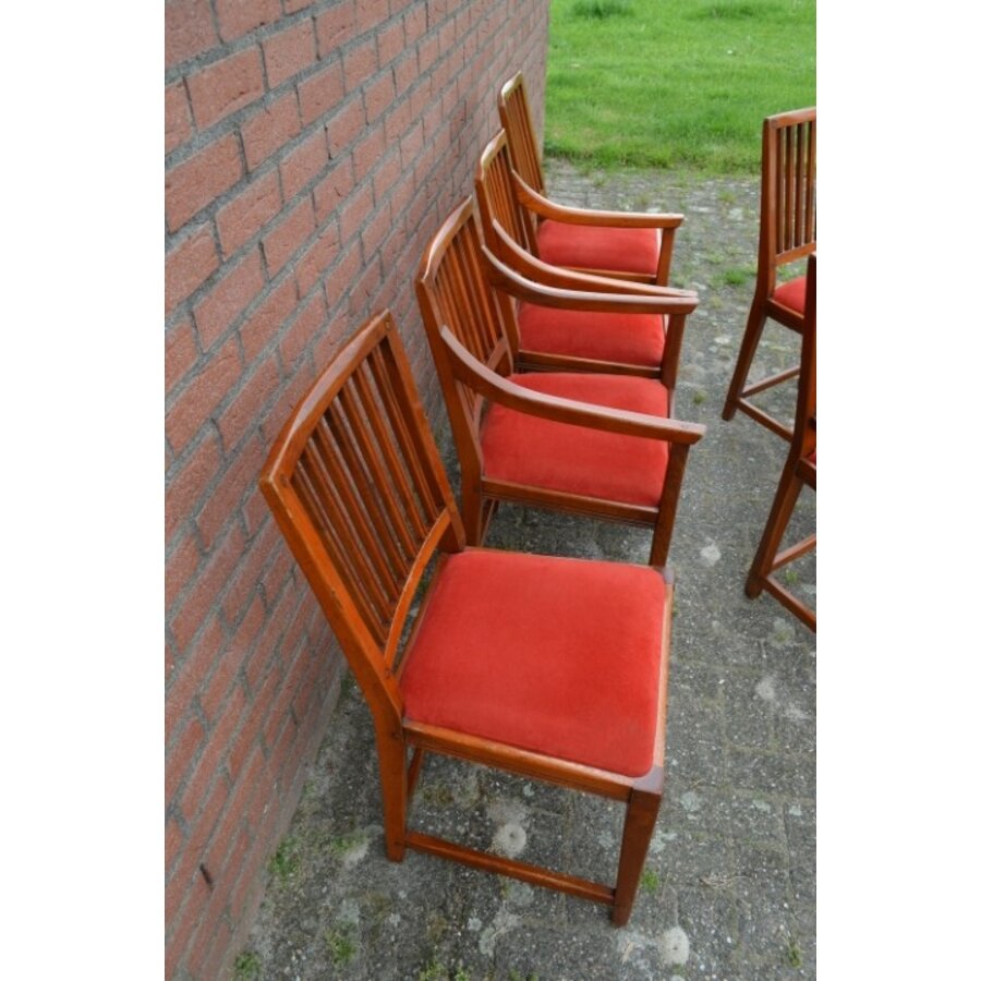 Zes eiken Schuitema Jugendstil eetkamerstoelen met rode zitting-4