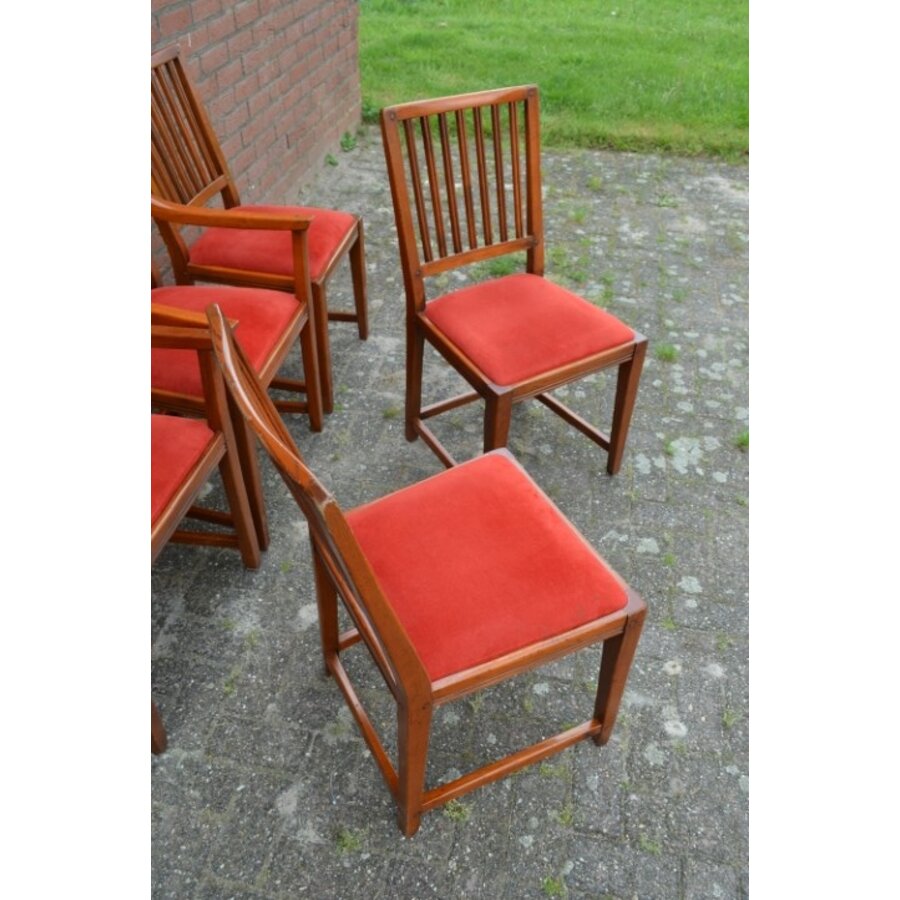 Zes eiken Schuitema Jugendstil eetkamerstoelen met rode zitting-5