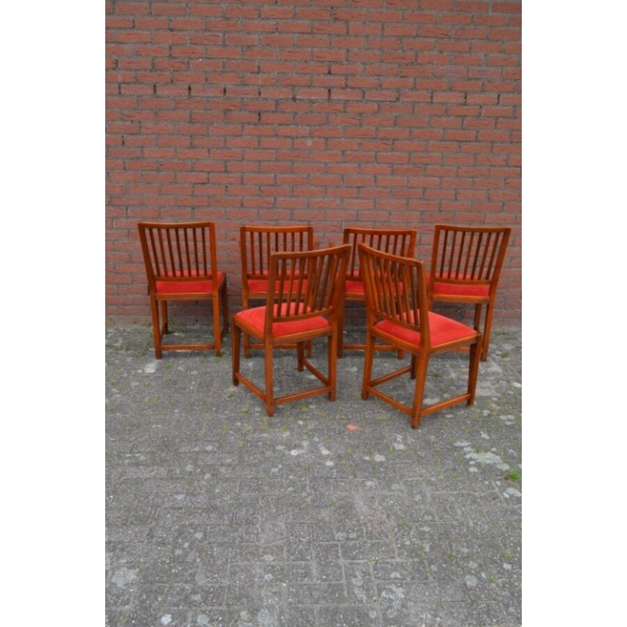 Zes eiken Schuitema Jugendstil eetkamerstoelen met rode zitting-9