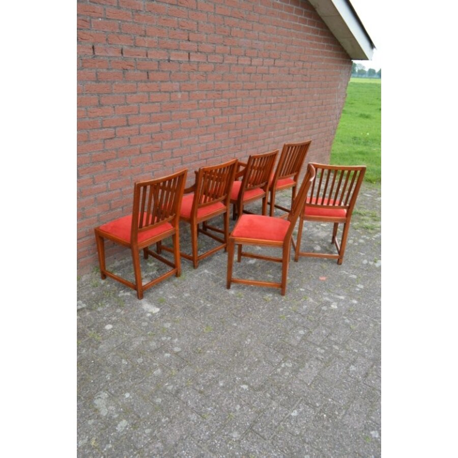 Zes eiken Schuitema Jugendstil eetkamerstoelen met rode zitting-10