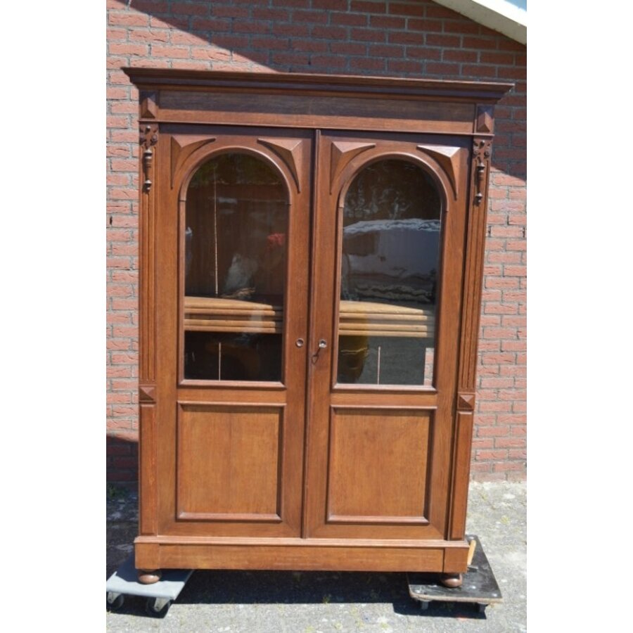 Antieke eikenhouten vitrinekast met glas uit begin vorige eeuw-2