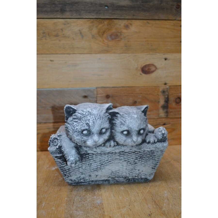 Decoratieve betonnen plantenbak met twee poesjes-2