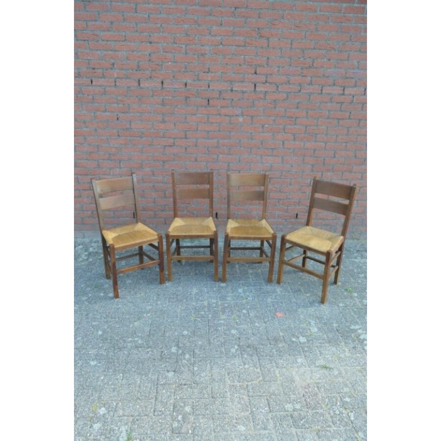 Set van 4 oudhollandse houten keukenstoelen met biezen zitting-2