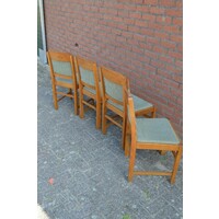 thumb-Set van 4 landelijke houten Hollandse stoelen met geblokte bouclé bekleding-9