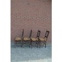 thumb-Set van 4 antieke Hollandse keukenstoelen met biezen zitting-4