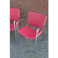 thumb-Set van 4 vintage metalen stapelstoelen met rood skai bekleding-4