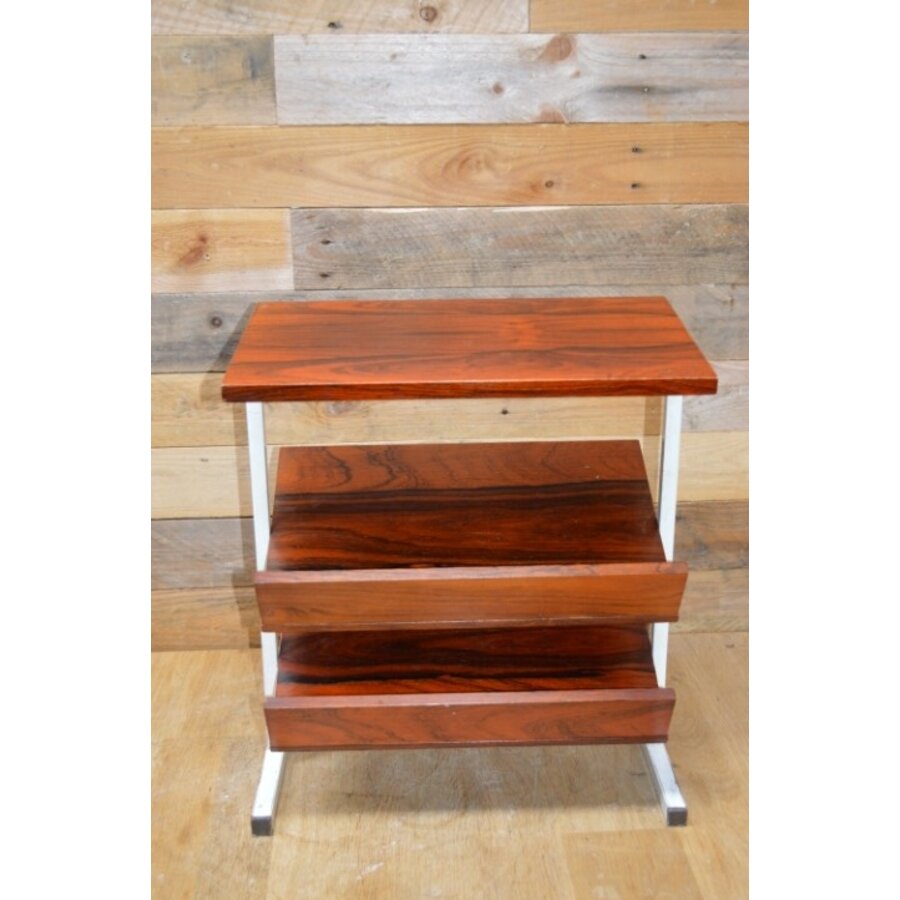 Retro mid-century lectuurtafel met teakhouten blad en metalen frame-2