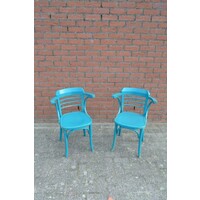 thumb-Set van 2 blauwe beukenhouten armstoelen – jaren 60 – vintage caféstoelen met halfronde rug-1