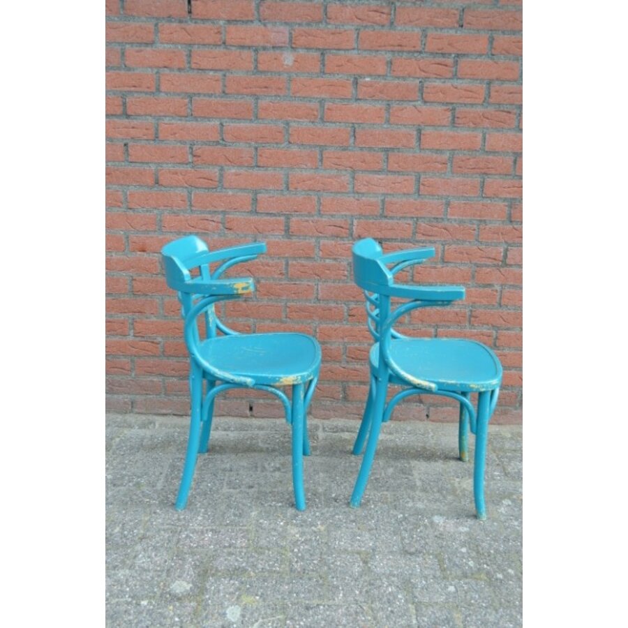 Set van 2 blauwe beukenhouten armstoelen – jaren 60 – vintage caféstoelen met halfronde rug-5