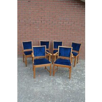 thumb-6 vintage eiken stoelen met blauw velours zitting en rugleuning-1