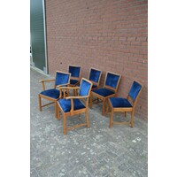 thumb-6 vintage eiken stoelen met blauw velours zitting en rugleuning-2