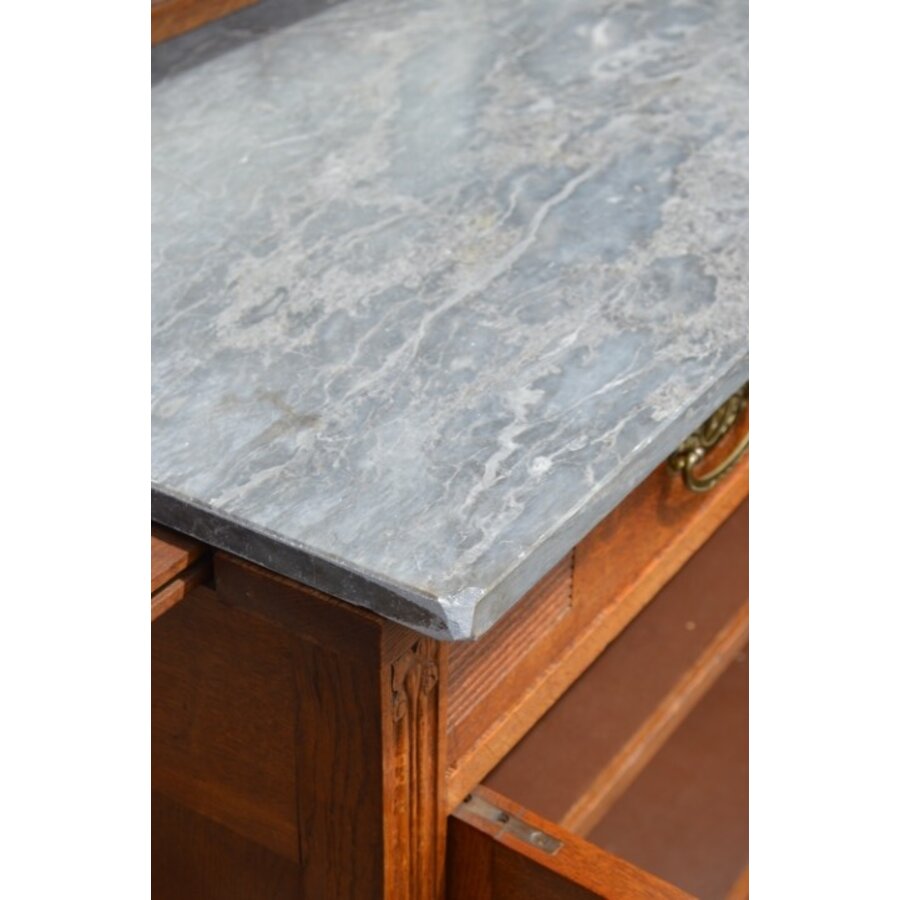 Antieke eiken kast met natuursteen blad en facet geslepen spiegels-5