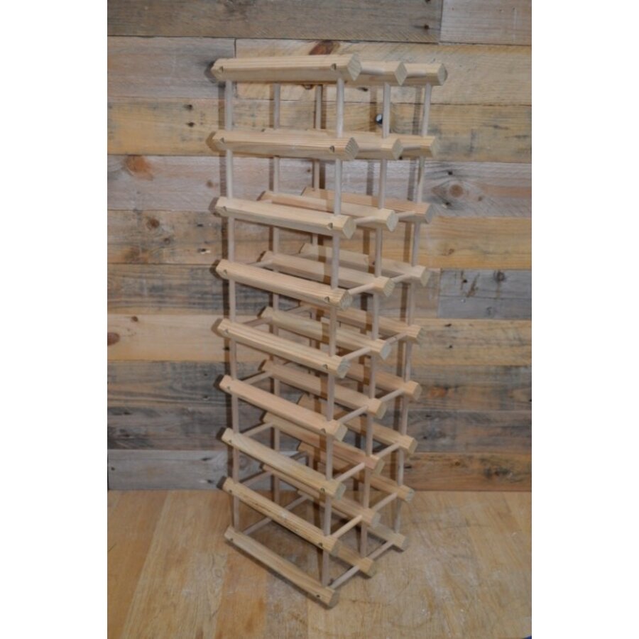 Vintage flessenrek van vurenhout voor 18 flessen met moderne uitstraling en gebruikssporen-3