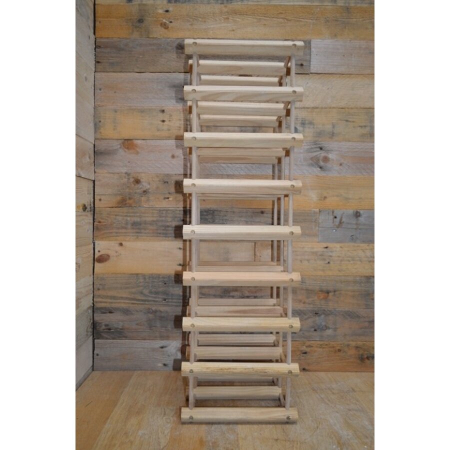 Vintage flessenrek van vurenhout voor 18 flessen met moderne uitstraling en gebruikssporen-4