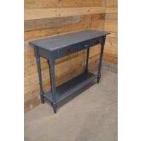 thumb-Sidetable van vurenhout met twee laden en onderblad, brocante grijs geschilderd-1