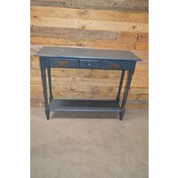 thumb-Sidetable van vurenhout met twee laden en onderblad, brocante grijs geschilderd-2