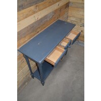 thumb-Sidetable van vurenhout met twee laden en onderblad, brocante grijs geschilderd-5