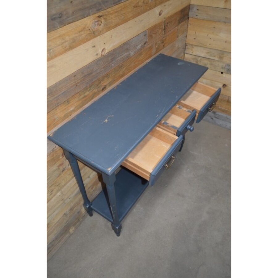 Sidetable van vurenhout met twee laden en onderblad, brocante grijs geschilderd-5