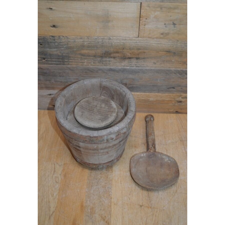 Volledig complete antieke kaaskop – Houten kaasmal met originele lepel-1