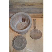 Volledig complete antieke kaaskop – Houten kaasmal met originele lepel