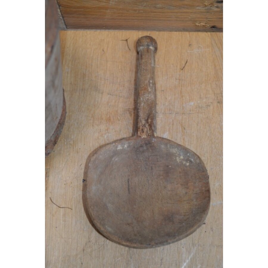 Volledig complete antieke kaaskop – Houten kaasmal met originele lepel-5